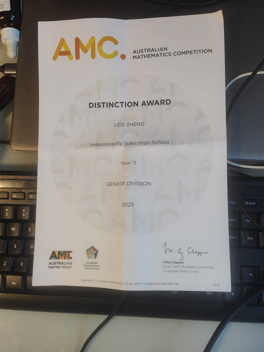 Australian Mathematics Competition Distinction certificate