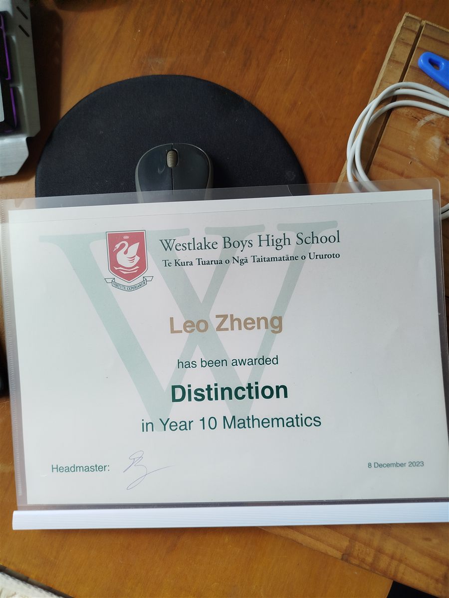 Westlake Boys High School Distinction certificate for Year 10 Mathematics