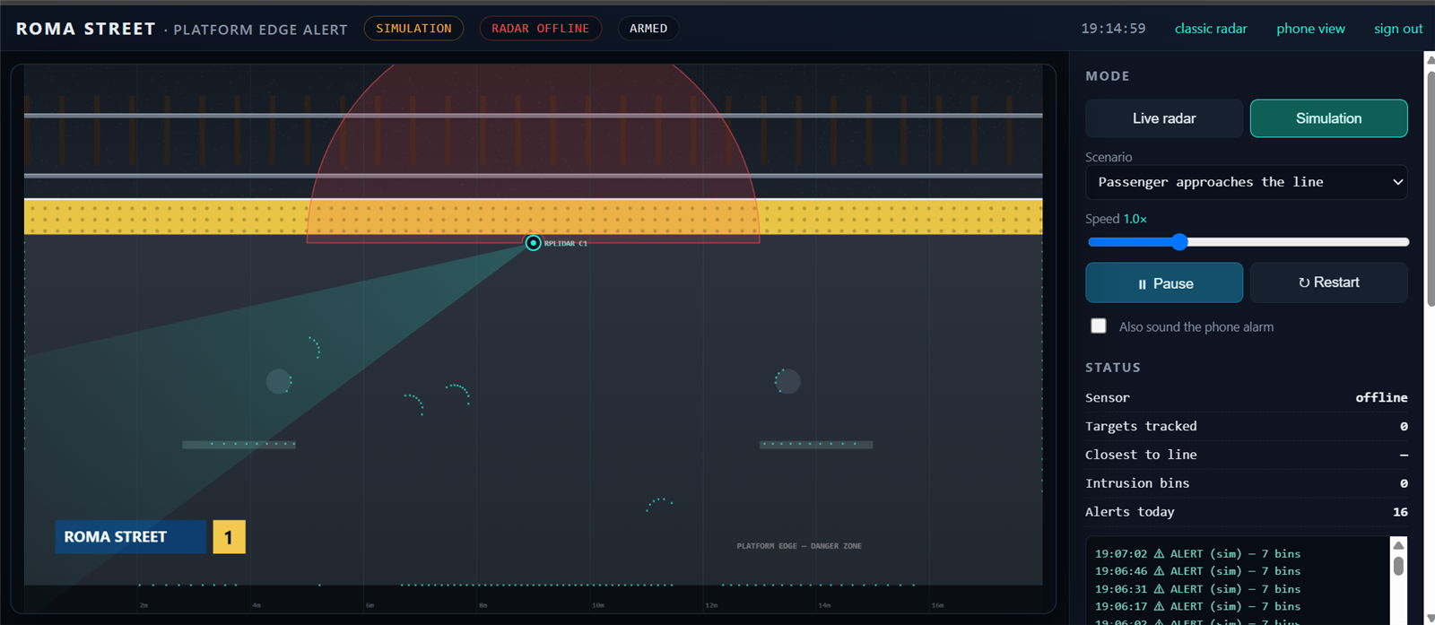 Screenshot of the Platform Edge Alert monitoring dashboard showing a radar sweep, the yellow line and live status readouts